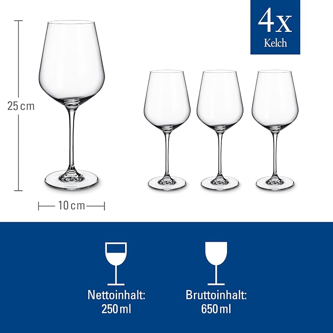 Villeroy & Boch La Divina Collection Bordeaux Goblet, Set of 4, Crystal Glass, 22 oz Capacity | Crystal glass Bordeaux goblets, made in Europe, dishwasher safe, curved lines showcase a classic red's bouquet - Image 4
