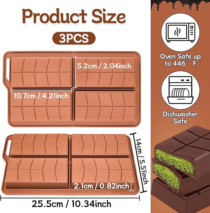 3pcs Dubai Chocolate Molds 0.82 Inch Deep,Silicone Chocolate Bar Mold Non-Stick Flexible Thick Homemade Chocolates Candies and Desserts (Brown) - Image 2