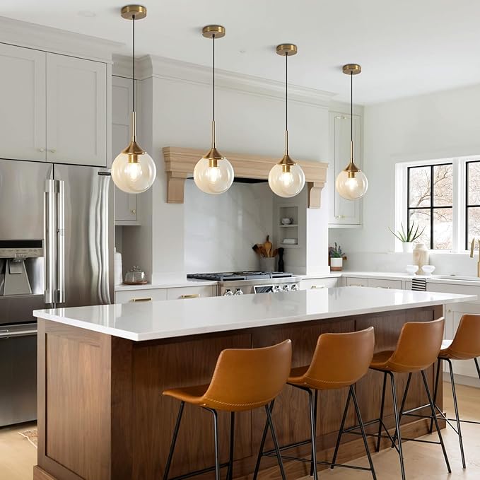 KCO Lighting Mid Century Modern Kitchen Island Pendant Lighting Gold 1-Light Amber Glass Globe Pendant Light Brushed Brass Large Living Room Pendant Light Fixture (2 Pack) - Image 5