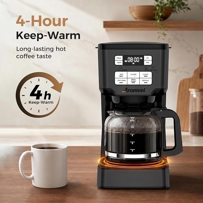 Programmable Coffee Maker, 24-Hour Delay Brew, 12-Cup Drip Brewer | 12-Cup Drip Brewer with Glass Carafe & Adjustable Strength (1-4 Cup/Classic/Rich), 4-Hour Keep Warm Function - Home & Office - Image 3