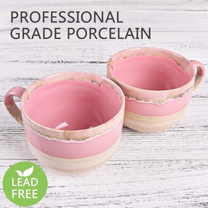 Bosmarlin Large Ceramic Coffee Mug Set of 2, Stoneware Jumbo Latte Mugs Tea for Office and Home, 16 Oz, Dishwasher and Microwave Safe(Pink, 2) - Image 3