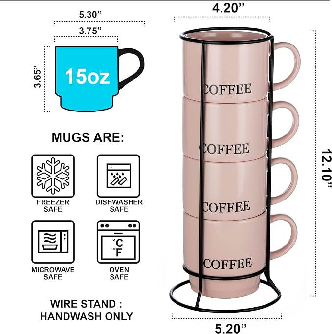 Signature Housewares Stackable Coffee Mug Tower Set with Metal Wire Rack - 15 Ounce Coffee Mugs for Coffee, Tea, Cocoa, Milk, Cappuccino, Hot Chocolate Set of 4 - Pink Coffee - Image 2