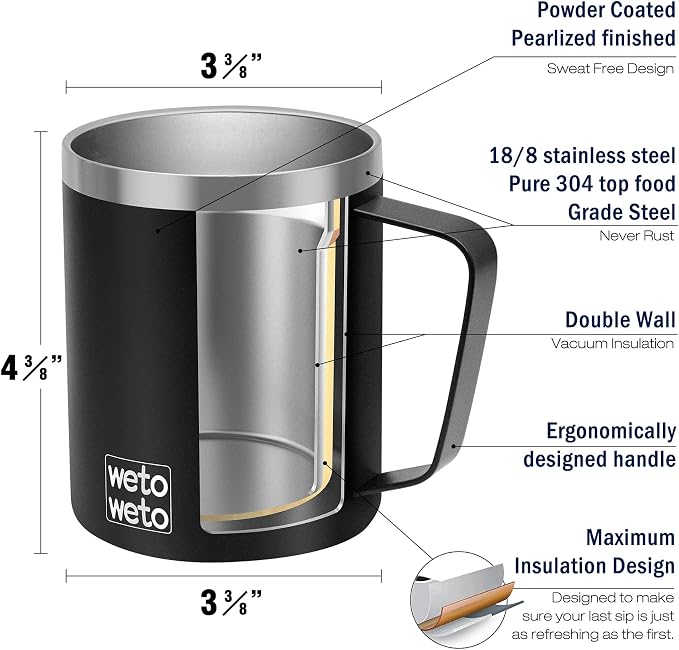WETOWETO Coffee Mug with Handle, 14oz Insulated Stainless Steel Reusable Coffee Cup, Double Wall Coffee Travel Mug, Powder Coated Black - Image 4