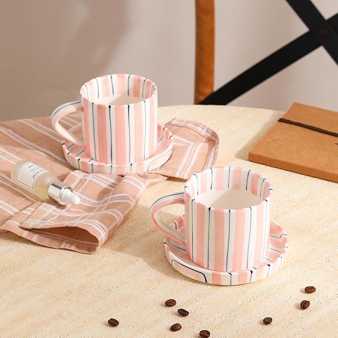 Hand-Painted Ceramic Coffee Mug and Saucer Set, 8 oz Artisan Striped Porcelain Espresso Cup, Decorative Tea Cup with Large Handle for Home, Office,Pink - Image 3