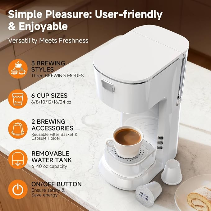 Coffee Maker, Single Serve Brewer for K Pods & Ground-White | 2 in 1, 6-24oz and 2-4 Mins Rapid Brew, Compact Coffee Machine for Kitchen Office RV Camping - Image 2