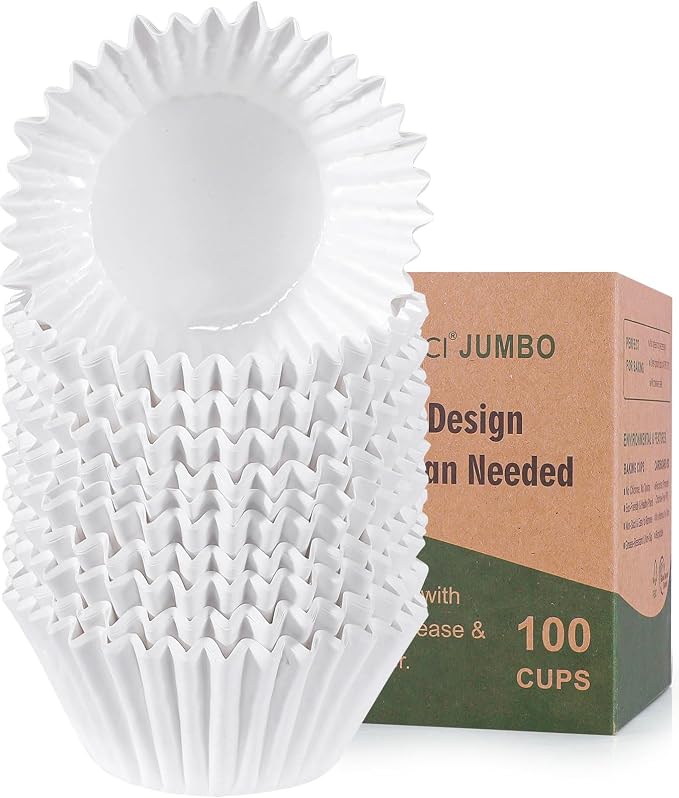 Caperci Heavy Duty Jumbo Cupcake Muffin Liners for Baking - Extra Large 100pcs Grease-Resistant White Paper Baking Cups, No Muffin Pan Needed, Odorless, Easily Peels (White) by Caperci