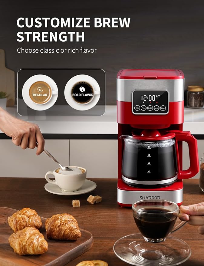 SHARDOR 10-Cup Programmable Coffee Maker, Regular & Strong Brew Drip Coffee Machine for Home and Office, Auto Shut Off, Permanent Filter (red) - Image 4