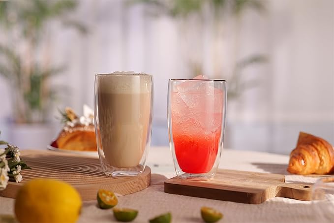 CNGLASS Double Wall Thermo Glass Coffee Cup 13.5 oz,Clear Insulated Glass Coffee Mug for Latte Cappuccino Tea Milk,Set of 4