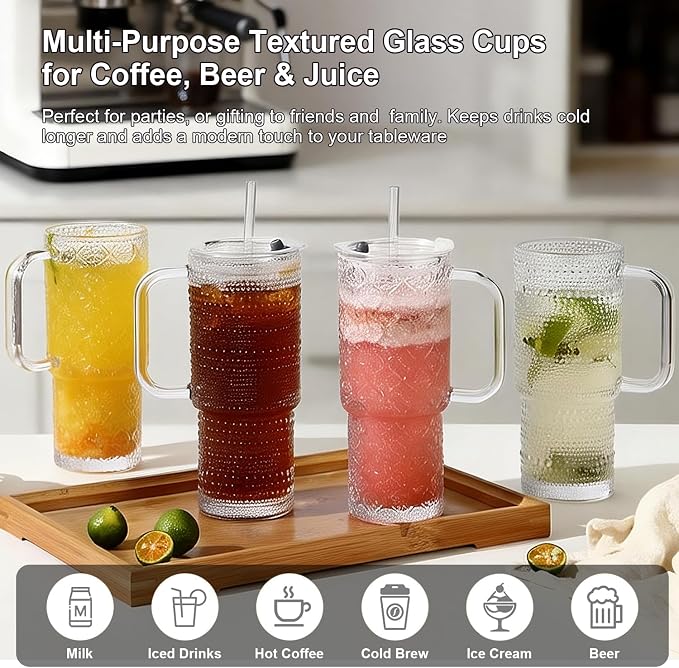 20 oz Glass Tumbler with Lid and Straw, Glass Iced Coffee Cups, Spill-proof Glasses Tumbler with Handle, Glasses Drinking Set of 2, Vintage Glassware for Cocktail, Juice, Smoothies - Image 9
