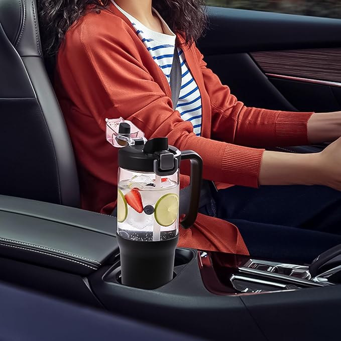 32 oz Glass Tumbler with Handle, 2-in-1 Straw and Sip Spout, Leakproof, BPA-Free Glass Water Bottle for Sports, Office, School, Black