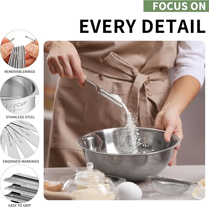 Measuring Cups and Spoons Set of 21, 7 Stainless Steel Nesting Measuring Cups, 8 Measuring Spoons & 1 Leveler, 5 Mini Spoons, Kitchen Gadgets for Cooking & Baking, Square