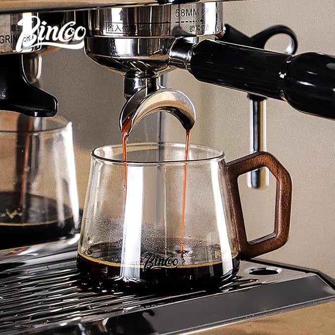 Bincoo Glass Cappuccino Cups 12oz/340ml with Coffee Scoop,Thickened Clear Glass Coffee Mug with Wooden Handle for Espresso,Latte,Tea