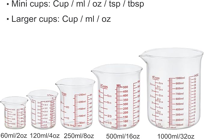 Ackers High Borosilicate Glass Measuring Cup Set with Pour Spout,60ml(2OZ),120ml(4OZ), 250ml(8OZ), 500ml(16OZ), 1000ml(32OZ) Glass Measuring Beaker for Kitchen or Restaurant, Easy to Read - Image 7