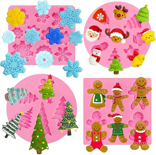 4 Pcs Christmas Silicone Molds 3D Christmas Molds Xmas Tree Santa Gingerbread Man Snowman Reindeer Snowflake Silicone Mold Winter Fondant Molds for DIY Crafts Cupcake Cake Decoration Candy Chocolate
