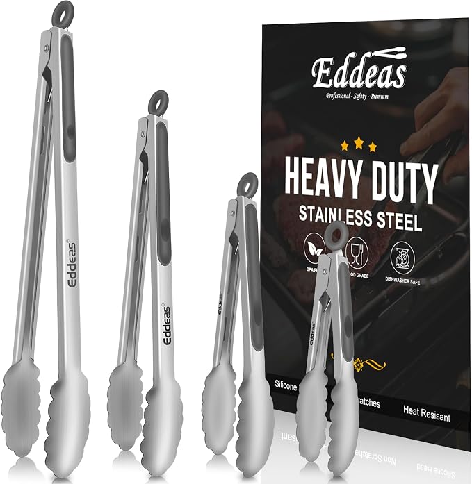EDDEAS Tongs For Cooking - Heat Resistant 600 Degrees Metal Kitchen Tongs, Heavy Duty Stainless Steel Tongs - Perfect for Food, BBQ Set of 4, 7-9-12 &14 inch Grey by Eddeas