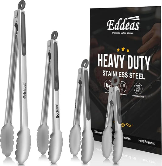 EDDEAS Tongs For Cooking - Heat Resistant 600 Degrees Metal Kitchen Tongs, Heavy Duty Stainless Steel Tongs - Perfect for Food, BBQ Set of 4, 7-9-12 &14 inch Grey by Eddeas