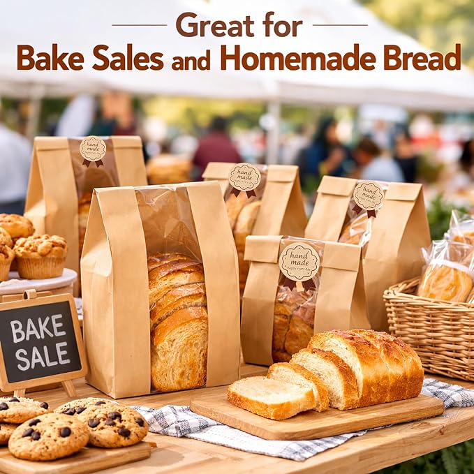 Bread Bags for Homemade Bread, 100PCS Bakery Bags with Window | Kraft Paper Bread Packaging Bags with Sealing Stickers for Sourdough, Loaves, Cookies & Baked Goods, Perfect for Home Bakers - Image 6