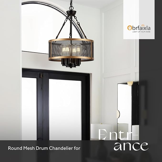 Modern 14" Small Black Gold Mesh Drum Chandelier for Dining Room Industrial Retro Semi Flush Mount 4-Light Round Ceiling Light Fixture for Kitchen Bedroom Living Room Hallway Entryway Foyer - Image 6