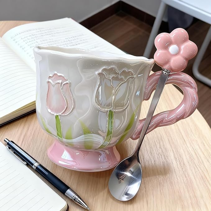 Ceramic Coffee MugEspresso Cup 14oz Pink Cute Flower withSpoon | novelty coffee mug，Glazed Ceramic Smooth Glossy Surface Lead ，Comes with Matching Spoon ，cute mugs for women - Image 3
