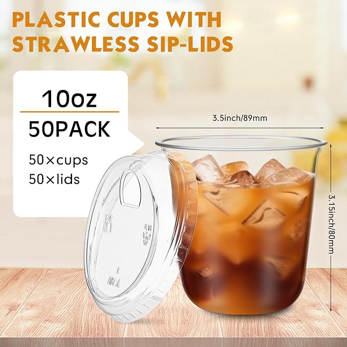 Ziliny 50 Sets Clear Plastic Coffee Cups with Sip Lids, Disposable Plastic PET Crystal Cups for Iced Coffee, Smoothie, Cold Beverage, Drink Shops and Party Catering (Clear,10 oz) - Image 3