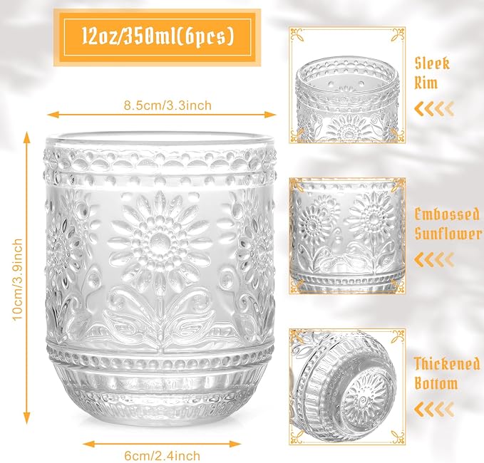 Topsky Clear Vintage Drinking Glass Set of 6,12 oz Embossed Floral Decorative Glassware Set,Glass Cups Wine Glasses Beverages Tumblers Colored Glassware for Whisky,Beer,Juice,Cocktail,Heavy Duty - Image 5