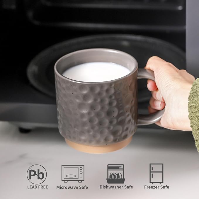 Nihow 16 Oz Ceramic Coffee Mug Set of 4 with Stackable Stand,Matte Gray | Stackable, Stainless Stand Included, Cappuccino & Tea, Hot/Cold Drinks, Dishwasher & Microwave Safe - Image 3
