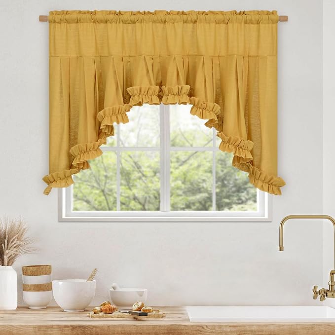 Likiyol Linen Valances for Windows Farmhouse Ruffle Swag Valance Rustic Country Window Valances Light Filtering Kitchen Curtains Rod Pocket Valance Curtains for Bathroom Cafe, Yellow, 60" W x 36" L - Image 3