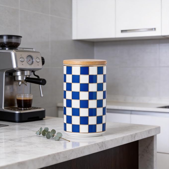 Kitchen Countertop Ceramic Checkered Canisters,Black And White Food Storage Containers With Lid,Airtight Kitchen Canisters for Flour, Sugar, Coffee, Tea, and Dry Goods (Blue, Large) - Image 5