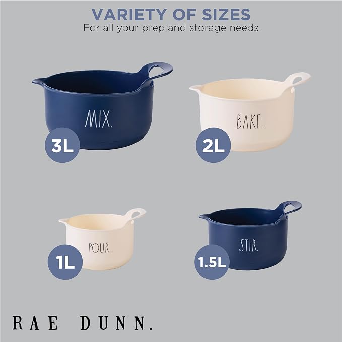 Rae Dunn Non-Slip Mixing Bowls - 4 Piece Nesting Plastic Mixing Bowl Set with Pour Spouts and Handles-Measurement Markings (Cream) - Image 3