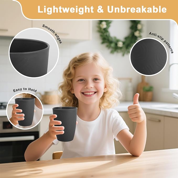 BUSOKIP12 oz Small Kids Cup, Wheat Straw Cups Sets of 6, Plastic Cups Reusable, Unbreakable Water Tumblers, Dishwasher Safe Kitchen Cup, Plastic Glasses Drinking for Camping, Party (Black, Grey) - Image 4