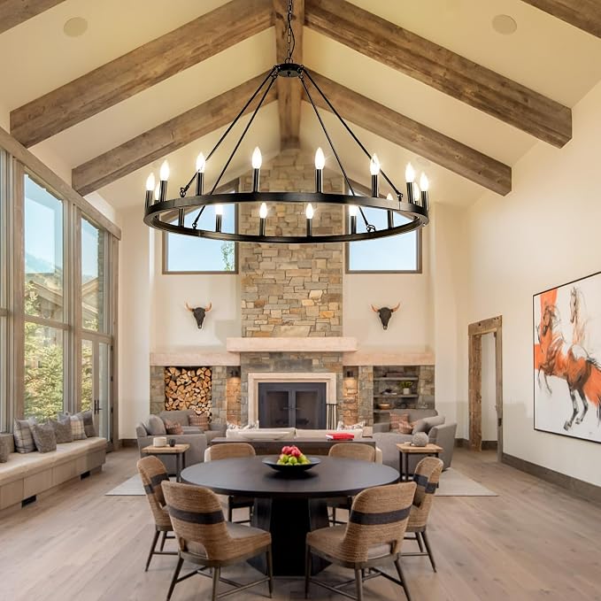 16-Light Black Wagon Wheel Chandelier Farmhouse, 43" Extra Large Chandeliers for High Ceilings, Round Matte Black Chandelier for Dinning Room, Kitchen Island, Entryway, Foyer, Living Room, Entrance - Image 7