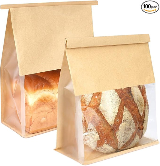 100 Pack Bread Bags with Tabs for Homemade Sourdough Bread, 8.7x4.3x11 Inches Tin Tie Tab Lock Large Paper Bakery Packaging Bags with Window for Gifting & Bake Sale | Thick Material by Foranda