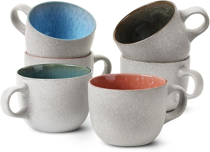 BTaT- Porcelain Coffee Mugs Set, 14 oz (415 ml), 6 Pack, Ceramic Coffee Mugs, Matte White Outside and Colorful Inside, Restaurant Cups for Tea, Cappuccino, Cocoa, Cereal, Mug Gift Set, Dishwasher Safe by BrewToATea
