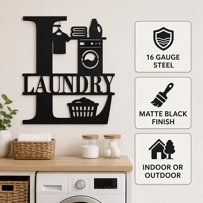 Laundry Room Metal Wall Decor, Farmhouse Laundry Sign, 14 Inch | 14-inch matte black metal laundry room sign with pre-drilled holes for farmhouse, modern, or rustic wall decor. - Image 4