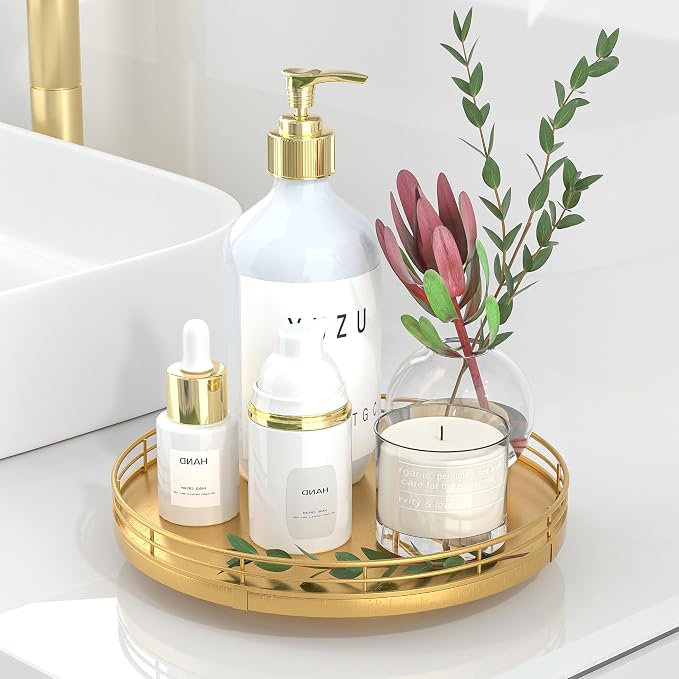 Oroyutor 9-Inch Oak Lazy Susan Vanity Tray with Gold Metal Rail | Rotating oak tray organizes spices, toiletries and decor on kitchen counters, bathroom vanities, dining and coffee tables. by Oroyutor
