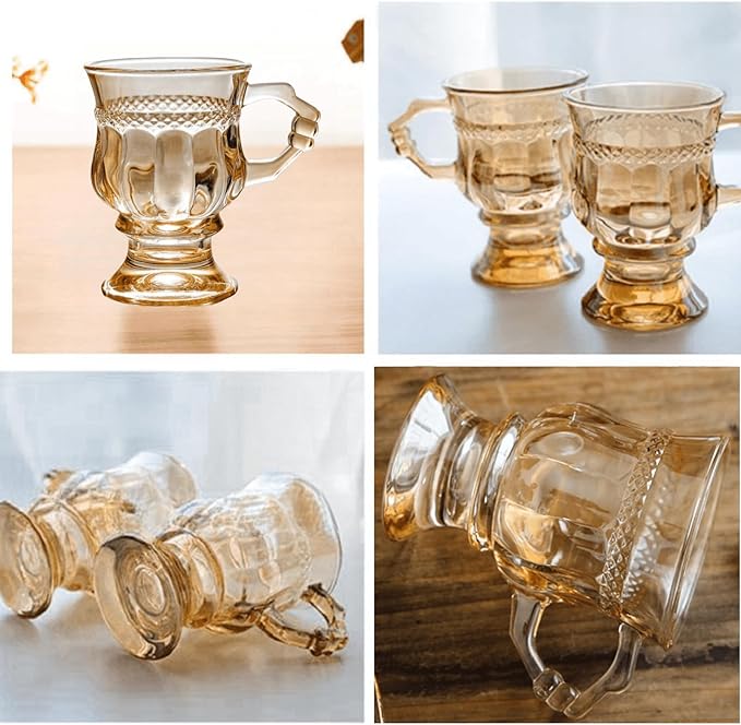 4pcs Vintage Irish Coffee Mugs, Crystal Clear Irish Coffee Glass with Handle, Footed Stem Base, Heat Resistant, Heavy Duty Cups for Hot Chocolate, Tea, Coffee, Beige