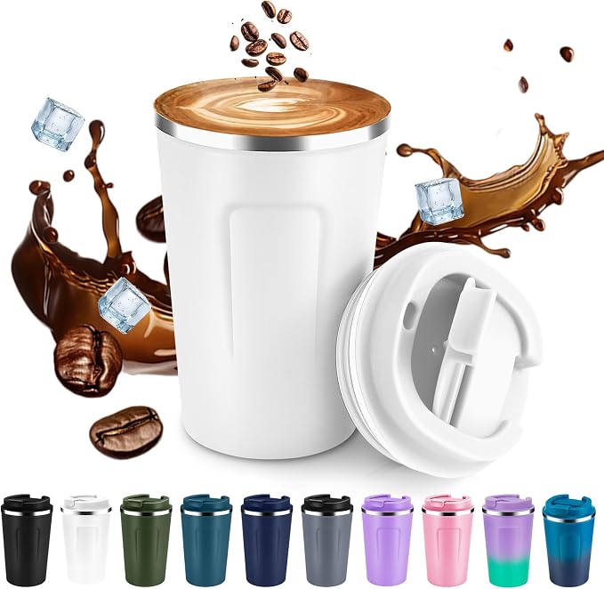 Volhoply 12 oz Double Wall Insulated Vacuum Travel Coffee Mug with Flip Lid,Reusable Stainless Steel Leak Proof Coffee Cup,Portable Iced Cafe Thermal Tumbler Suitable for Hot&Cold Drinks(White,1 Set) by LiveFully%EF%BC%8CDrinkFreely%E2%80%94KeepGoingwithVolhoply%EF%BC%81