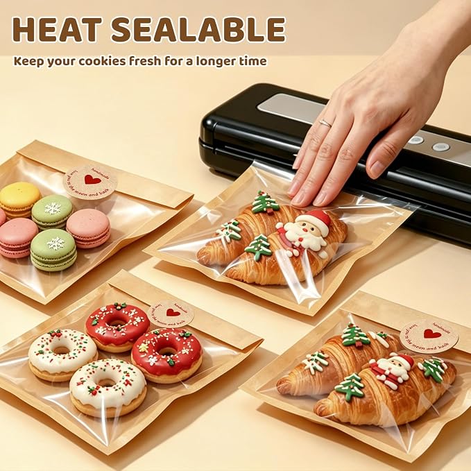 Individual Cookie Packaging Bags with Seal 120 Pack Bakery Bags for Cookies | 5.7x6.5 Inch Kraft Paper Cookie Bags with 120PCS Handmade Sticker Bakery Packaging Bags with Window for Candy Scone Brownie - Image 4