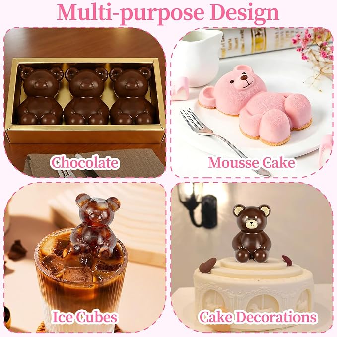 Bear Silicone Mold, 2 Pack Large Bear Chocolate Molds 16 Cavity | Non-stick, 3D Bear Ice Cube Molds for Candy Soap Candle Cake Decora Jello DIY Art Crafts Home Baking Activities Summer Party - Image 5
