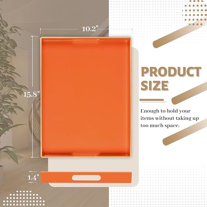 MAONAME Orange Decorative Tray for Coffee Table, Serving Tray with Handles | Plastic Melamine Tray, Modern Ottoman Tray, Rectangular Countertop Organizer Tray for Living Room, 15.8"L x 10.2"W x 1.4"H - Image 2