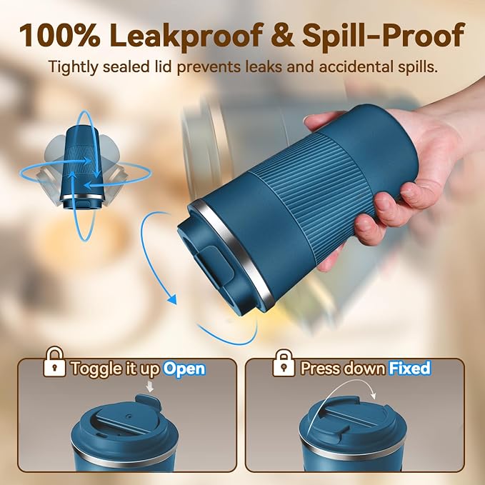 17OZ Travel Coffee Mug Insulated Coffee Cup with Spill Leak Proof Lid, Portable Stainless Steel Tumbler Reusable Hot and Cold Water Mug for Car, Daily, Camping- Blue - Image 4
