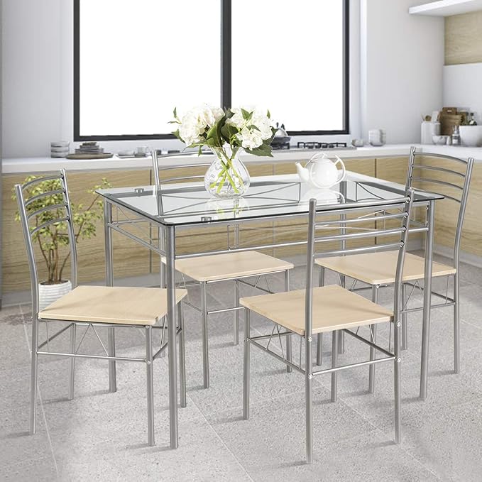 Giantex 5 Piece Dining Table Set, Kitchen Dining Set with Tempered Glass Table Top and 4 Chairs, Dinette Set for 4 for Breakfast Nook Dining Room Kitchen (Transparent) - Image 3