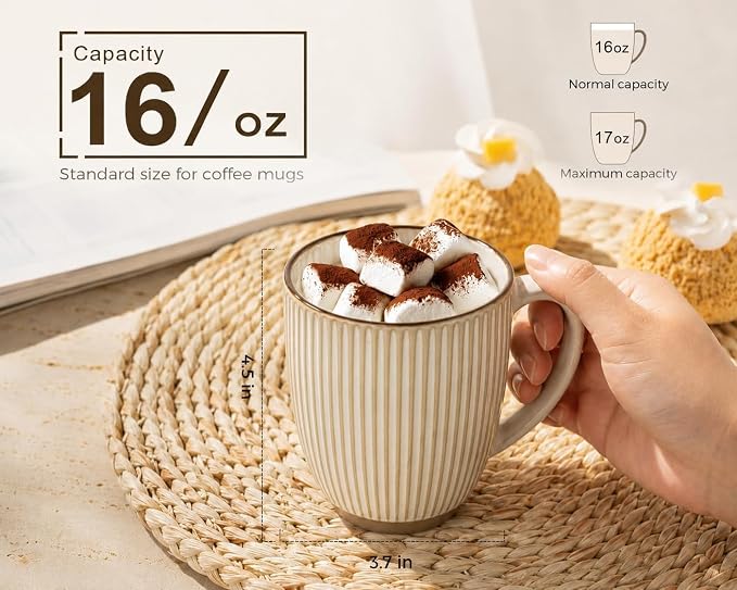 GBhome Large Coffee Mugs Set of 4, 16oz Handmade Embossed Coffee Mugs Set with Large Handle for Cappuccino/Latte/Tea/Hot Cocoa, Dishwasher & Microwave Safe, Khaki - Image 2