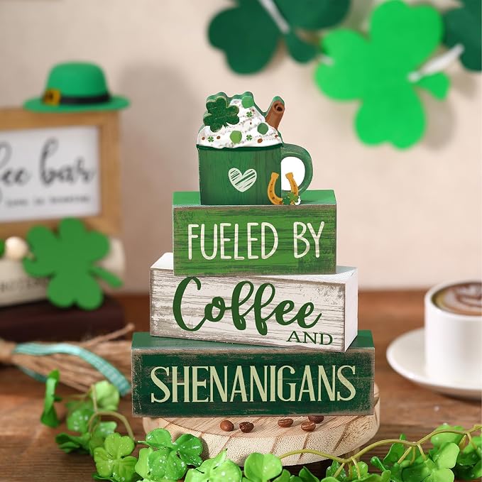 Moucuny 4 Pcs St Patricks Day Table Decoration Wooden Green Ice Cream Cup St. Patrick's Day Tiered Tray Decor Irish Centerpiece Green and White Happy St Patricks Coffee Bar Decor for Home Kitchen - Image 4