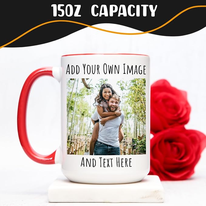 Personalized Coffee Mug 15 Oz, Custom Picture Text or Logo Ceramic Mug, Customized Gift for Men & Women, Taza Personalizada with Photo and Words, Customizable Large Tea Cup | White - Red - Image 3