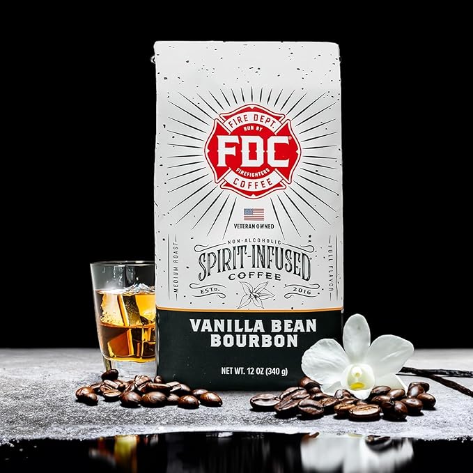 Fire Department Coffee - Vanilla Bourbon Coffee Beans - Gives Back to Firefighters - Vanilla Bean Bourbon Infused Whole Bean - Non-Alcoholic - Roasted in the USA - Veteran Owned (12 oz, Pack of 2)