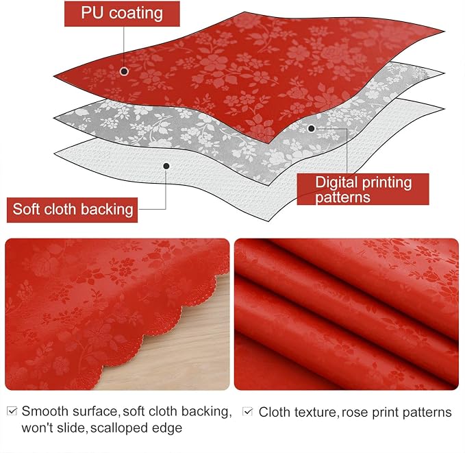 Smiry Rectangle Waterproof Heavy Duty Vinyl Tablecloths, 70 x 90 Inch | Wipeable Washable Floral Embossed Table Cover for Kitchen and Dining Room, Indoor & Outdoor Use, Red - Image 3