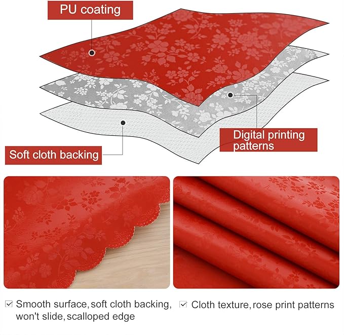 Smiry Rectangle Waterproof Heavy Duty Vinyl Tablecloths, 54 x 120 Inch | Wipeable Washable Floral Embossed Table Cover for Kitchen and Dining Room, Indoor & Outdoor Use, Red - Image 3