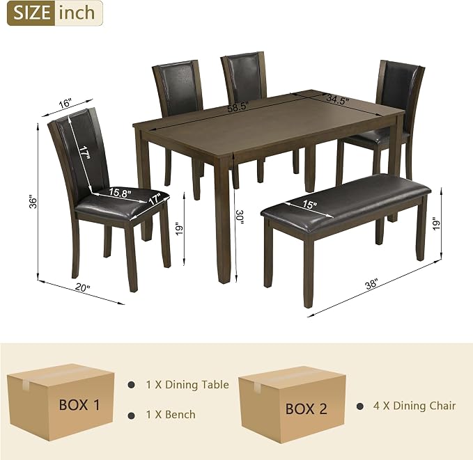 6-Piece Dining Table Set with Bench and Chairs - Solid Wood Kitchen Dining Room Table Set in Farmhouse Rustic Style, Table Set for 6 with 4 Chairs and Bench Seat.(Dark Walnut_Large) - Image 3