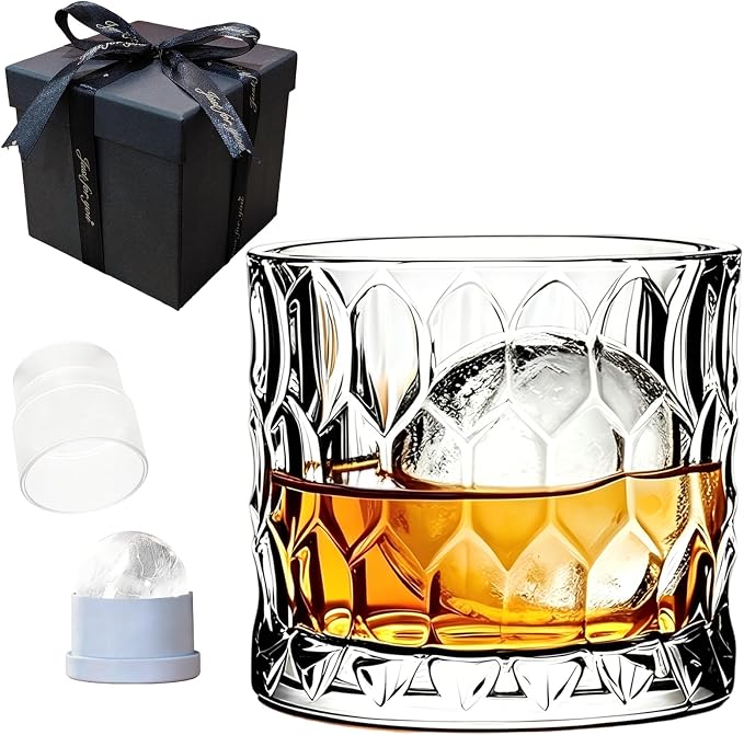 RockSteady Whiskey Tumbler Gift Set – 17oz Large Crystal Glass with 2.4" Ice Ball Mold, Heavy Base Old Fashioned Glass, Complete Gift Box for Men Whiskey Lovers, Single Set by ABINSRAN